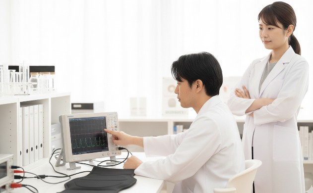 EMSベルトの周波数制御とバッテリー保護設計を確認する研究室風景