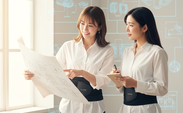 EMS機器比較レビュー|設計者が選ぶSIXPAD vs 他社_女性二人がSIXPADコアベルト2の設計レビュー中