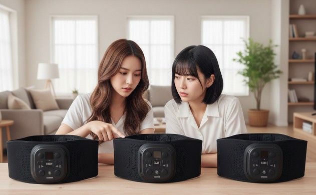 EMS腹筋ベルトの主要3製品の特徴を女性二人が調べている。