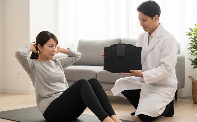 腹筋トレーニングに苦戦する女性とEMSベルトを紹介する設計者レビュー