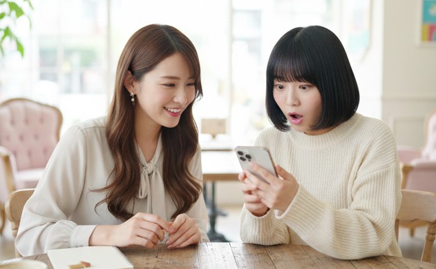 EMS腹筋ベルトのSNSなどの口コミやレビューを女性二人が確認している