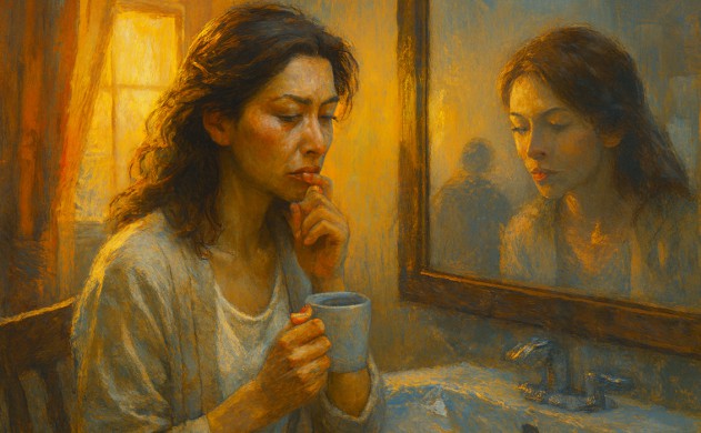 鏡の前で、ため息をついた朝