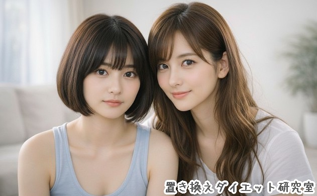 置き換えダイエット研究室の看板娘、あいみと美羽が寄り添いながら微笑む“姉妹感”構図