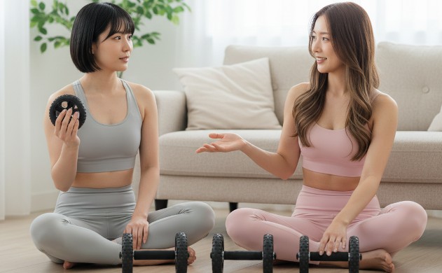 「腹筋ローラーを選ぶ前に、まず知ってほしいこと」
→ 2人が床に座り、3種類の腹筋ローラーを前に並べ、あいみが優しく説明している構図。