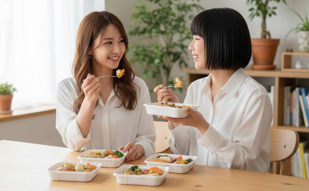 「宅配食ダイエット7サービス詳細レビュー」
木目調のテーブルに宅配食トレイが並び、あいみと美羽がフォークで料理を味見しながら笑顔でレビューしている。二人の表情は楽しげで、背景には柔らかな照明とグリーンが映える落ち着いたインテリアが広がっている。