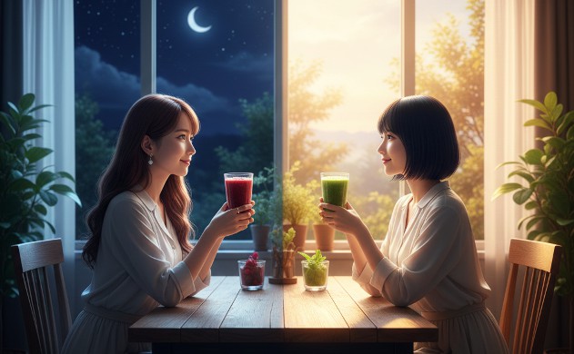 ① 朝と夜、どちらで飲むべきか迷うあなたへ
あいみと美羽が木製テーブルを挟んで向かい合い、それぞれスムージーを手に頬杖をつきながら見つめ合っている。左側は星空と月明かりの夜の背景、右側は朝日が差し込む緑豊かな朝の背景。表情は優しく、どちらを選ぶべきか問いかけるような雰囲気。