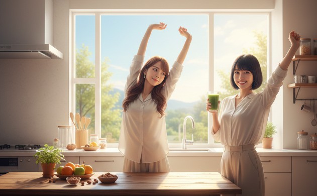 ② 朝スムージーで一日を整える力
美羽が朝の光が差し込むキッチンで緑のスムージーを手に微笑んでいる。隣にはあいみが軽くストレッチをしていて、背景には朝食テーブルと青空が見える窓。爽やかで前向きな一日の始まりを感じさせる構図。