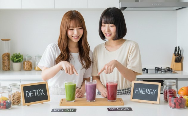 ⑤ あなたの目的別おすすめスムージー習慣
あいみと美羽がモダンなキッチンで3種類のスムージー(緑・紫・赤)を前に並べている。それぞれのスムージーを指差しながら、楽しげな表情でおすすめしている。背景にはフルーツやラベル付きの瓶が並び、目的別の提案を感じさせる構図。