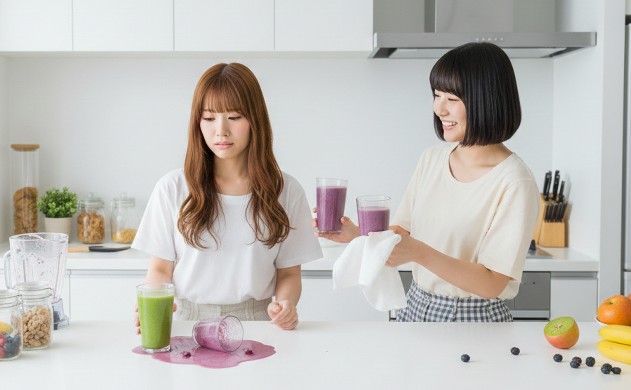 ⑦ 失敗体験の回避描写:よくある失敗と改善のヒント
あいみがテーブルにこぼれたスムージーを見て困った表情をしている。美羽がタオルと新しいスムージーを差し出し、優しく微笑んでいる。背景は少し散らかったキッチンで、リアルな失敗と改善のヒントを感じさせる構図。