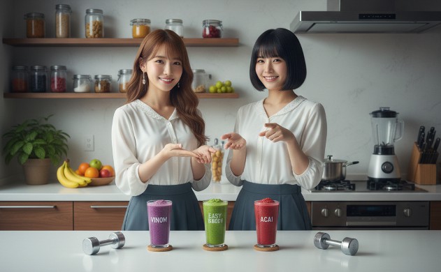 ⑨ 補足情報セクション:即答リンク着地商品まとめ
あいみと美羽がカウンターの後ろに立ち、3種類のスムージー(VINOM・EASY B-BODY・アサイー)を前に並べている。それぞれのスムージーの横にはダンベルが置かれていて、商品紹介と健康の象徴を兼ねた構図。2人は自信に満ちた笑顔で読者に選択を促している。