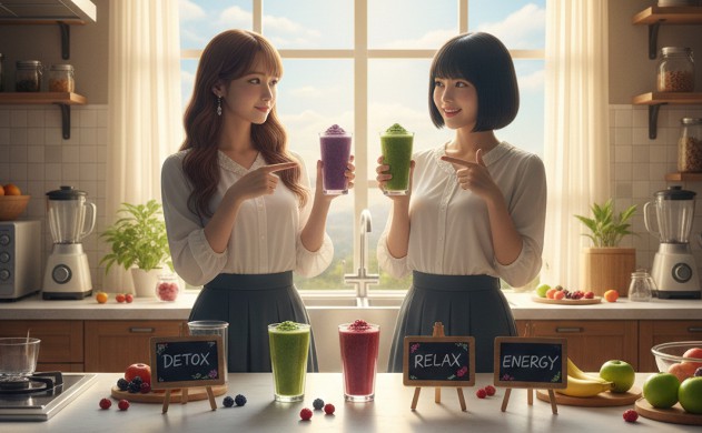 ⑤ あなたの目的別おすすめスムージー習慣
あいみと美羽がモダンなキッチンで3種類のスムージー(緑・紫・赤)を前に並べている。それぞれのスムージーを指差しながら、楽しげな表情でおすすめしている。背景にはフルーツやラベル付きの瓶が並び、目的別の提案を感じさせる構図。