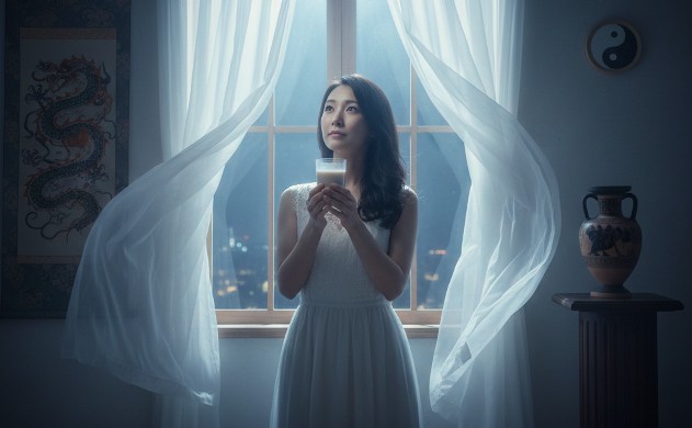 整え神話セクション ― 夜は心身を結び直す神話の時間 「窓辺に立つあいみが、月明かりを浴びながらソイプロテインを捧げるように持つ。背景には流れるカーテンと神話的な装飾が漂う。」