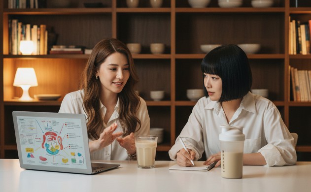 科学的根拠 ― 夜の一杯がもたらす安心 「テーブルに座るあいみと美羽。ノートPCに消化の図が映り、中央にはソイプロテイン。あいみが説明し、美羽が真剣に聞いている。」