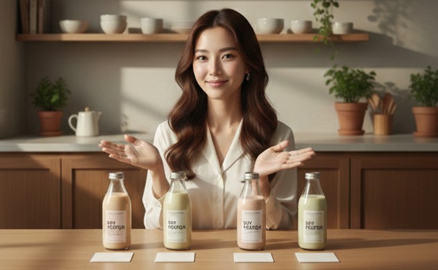 商品紹介 ― あなたに合う夜の一杯を選ぼう 「木のテーブルに並ぶ4種類のソイプロテインを前に、あいみが優しく微笑みながら手を差し伸べる。背景はキッチンの柔らかな灯り。」