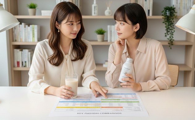 比較・分析セクション ― あなたに合う一杯を見つけるために 「大きな比較表を前に、あいみと美羽が並んで座り、ソイプロテインを片手に議論している。部屋は明るく整理され、分析的な雰囲気。」