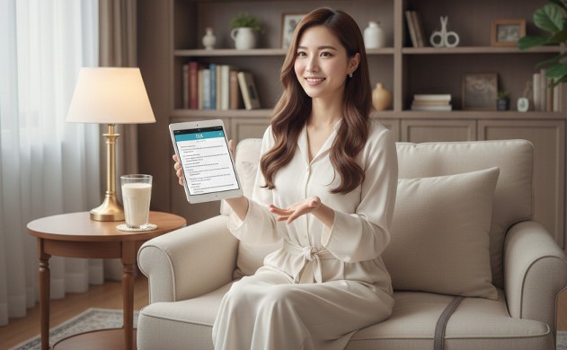 Q&Aセクション ― よくある質問に答えます 「ソファに座るあいみがタブレットを持ち、Q&A画面を示しながら答える仕草。横のテーブルにはソイプロテインが置かれ、背景はランプの柔らかな光。」