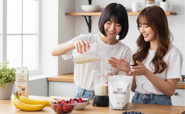 補足情報セクション ― さらに役立つ知識 「キッチンであいみと美羽が一緒にスムージーを作る。ソイプロテイン、バナナ、ベリー、アーモンドミルクが並び、ブレンダーが稼働中。二人は笑顔で会話している。」
