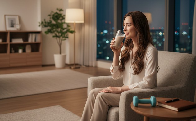 まとめ ― あなたの夜を整える一杯を選ぼう 「夜のリビングで、あいみがソイプロテインを静かに飲みながら満ち足りた笑みを浮かべる。テーブルにはダンベルと閉じたノートが置かれ、窓の外には穏やかな夜空。」