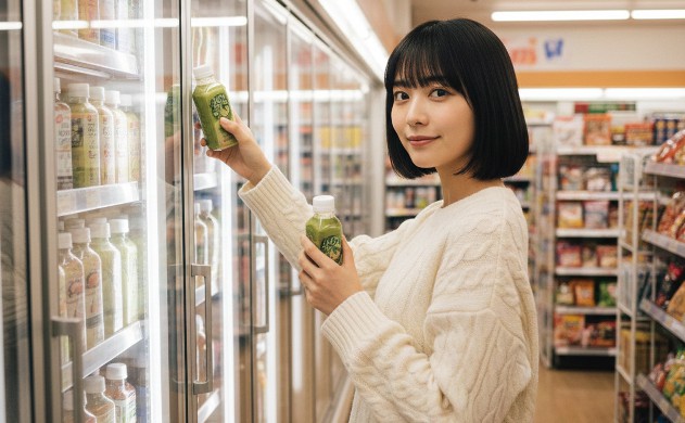 コンビニから始める冬のスムージー習慣
→ 冬のコンビニ店内で、美羽が冷蔵ケースからスムージーを選んでいる。背景に店内の棚や照明。温かい雰囲気。
