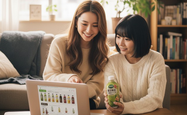公式通販リンク一覧(安心して選べるよ)
→ 美羽がノートPCを開いて通販サイトを見ながらスムージーを手にしている。あいみが隣で画面を指差し、安心感を伝えている。背景は冬のリビング。