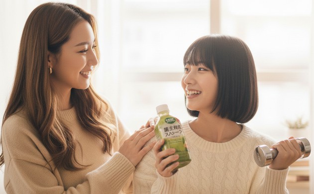 まとめ:冬でも続けられるスムージー習慣へ
→ 冬の窓辺で、美羽がスムージーを飲みながらダンベルを持ち、笑顔で続ける習慣を象徴。あいみが寄り添って励ましている。背景は柔らかな冬の光。