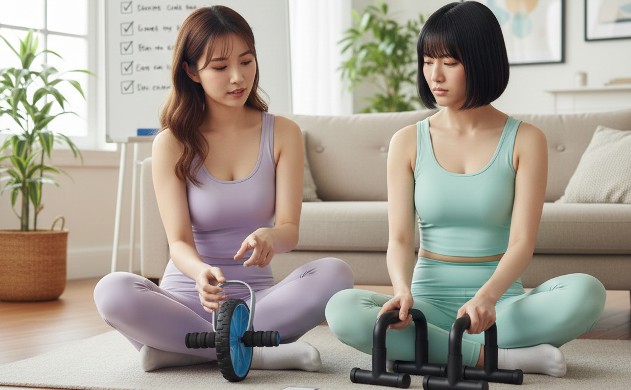 初心者が筋トレ器具選びで失敗しないためのポイント あいみと美羽が腹筋ローラーとプッシュアップバーを比較している。真剣な表情。背景にチェックリスト風のホワイトボードがある。