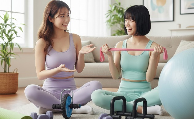 初心者向け筋トレ器具おすすめ7選 2人が笑顔で7つの器具(ダンベル、チューブ、腹筋ローラー、プッシュアップバー、EMSベルト、ヨガマット、バランスボール)に囲まれている。