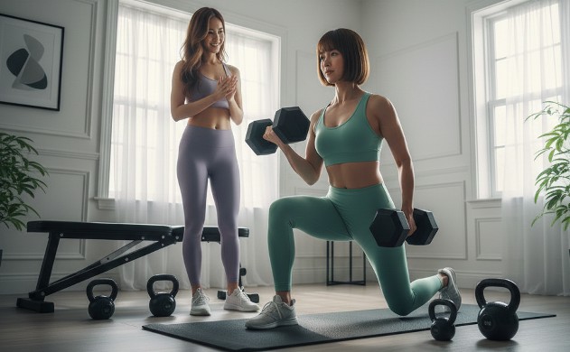 さらに本格派を目指すあなたへ 美羽が重めの器具を使ってトレーニング中。あいみがそっと見守っている。少し本格的な雰囲気。