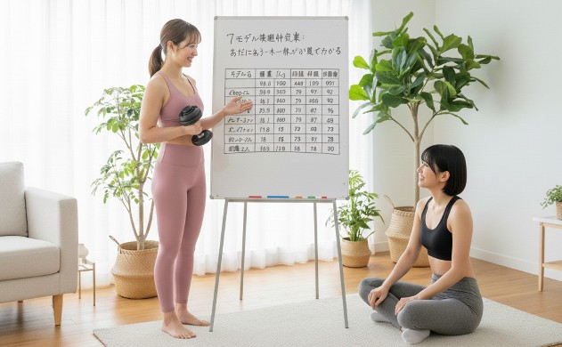 7モデル横断比較表:あなたに合う一本が一目で分かる
→ あいみがホワイトボードにダンベルの特徴を書き出して説明している構図。美羽が頷きながら聞いている。背景はナチュラルな室内。