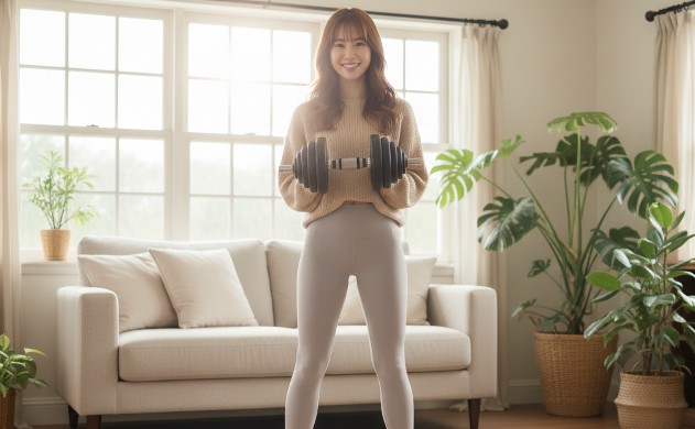 置き場所と暮らしへの馴染み(インテリア×省スペース)
→ あいみがダンベルを両手で持ち、誇らしげに見せている。背景には窓から差し込む光と観葉植物。