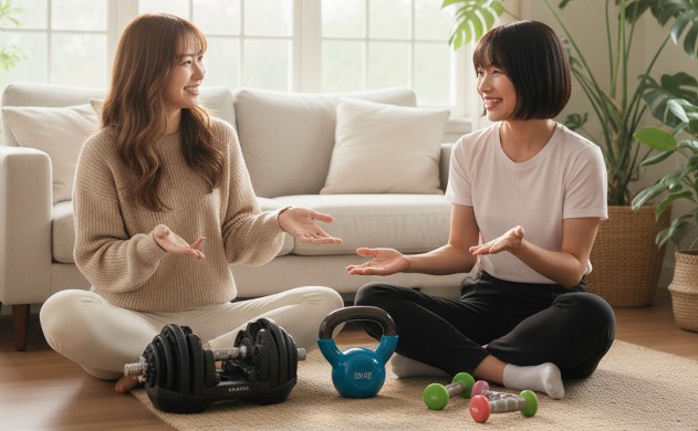 軽く触れる他の2つのダンベル比較商品
→ あいみと美羽が並んで座り、3種類のダンベルを前に置いて、楽しそうに話している。比較している雰囲気。