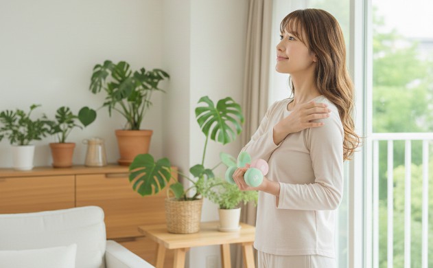 二の腕の悩みを解決するために知ってほしいこと → あいみが窓辺で二の腕を見つめながら、パステルダンベルを持ち、未来を想う構図。