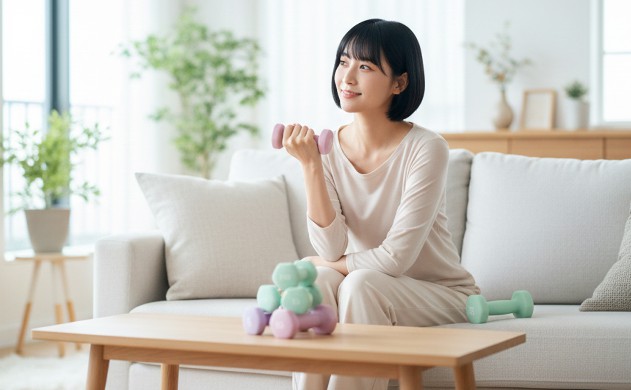 女性がダンベルに求めるもの → 美羽がソファに座り、ダンベルを手に取りながら「可愛さと安心感」を感じている場面。