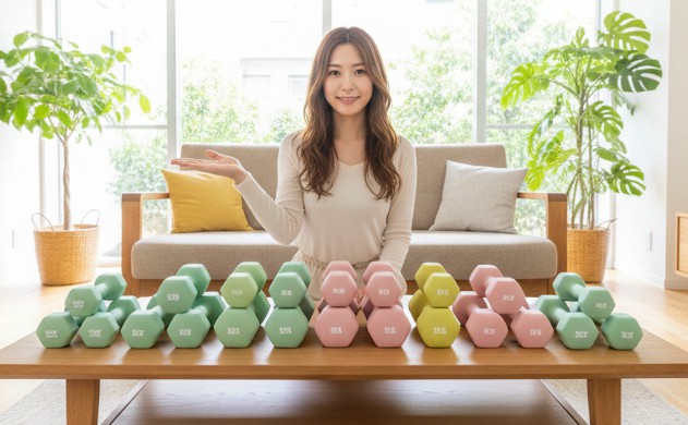 おしゃれで可愛いダンベルおすすめ商品紹介(詳細版) → あいみがテーブルに並べた複数のパステルダンベルを指差しながら紹介している構図。
