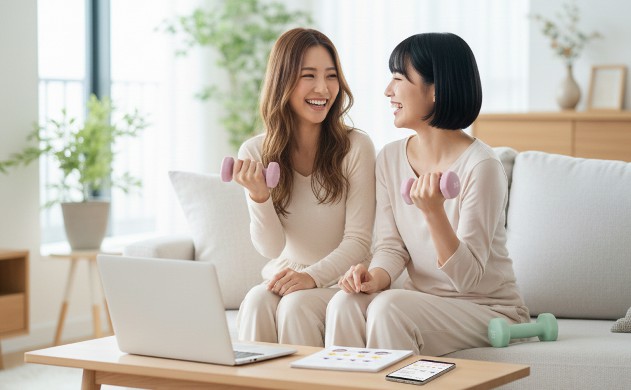 口コミとレビューで見えてくる安心の選び方 → あいみと美羽が並んで座り、ダンベルを持ちながら談笑している場面。背景にノートPCや口コミを象徴する小物。