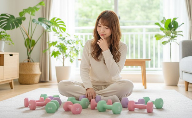 おしゃれで可愛いダンベル比較表 → あいみが複数のダンベルを床に並べ、比較するように見つめている構図。