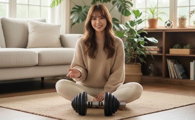 不安を超えて、挑戦の象徴へ――初心者でも安心して始められる理由
→ あいみがリビングでダンベルを前に微笑みながら座っている。読者に「大丈夫だよ」と語りかけるような優しい表情。