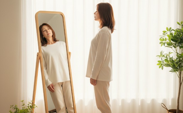 40代女性が抱える悩みと、その答え → 窓辺で鏡を見つめる40代女性。少し疲れた表情だが、柔らかな光が差し込み希望を感じさせる。