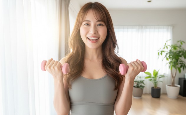 あいみのダンベル体験レビュー → あいみが窓辺でダンベルを持ち、楽しそうに笑顔でレビューしているシーン。