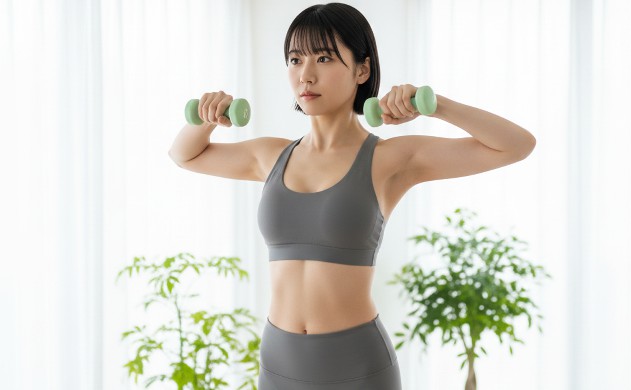 二の腕のぷよぷよたるみ解消トレーニング方法 → 美羽が黒髪ショートボブで、真剣に二の腕トレーニングをしている姿。