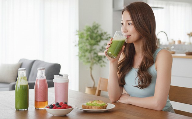 ダンベル習慣を支える食事と美容ブースト食材 → テーブルにスムージー、プロテイン、酵素ドリンクを並べ、女性が飲んでいる。
