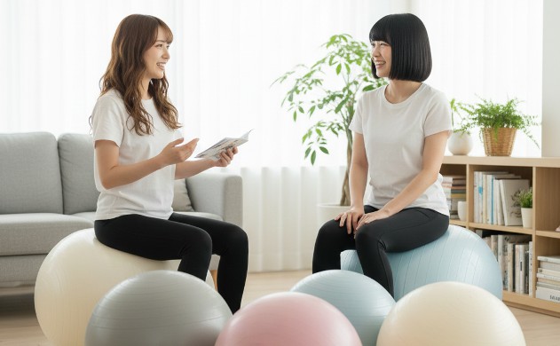 バランスボールを選ぶ前に知ってほしいこと
→ あいみと美羽がリビングでバランスボールを前に並べて座り、笑顔で話し合っている。ボールは複数種類あり、選び方を相談している雰囲気。