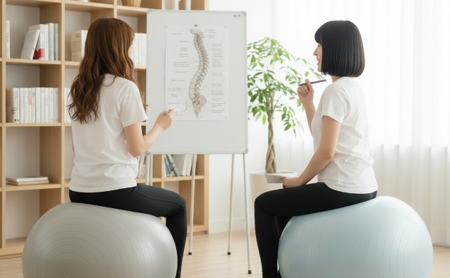 バランスボールの効果と科学的根拠
→ あいみがボールに座って背筋を伸ばし、美羽がメモを取りながら頷いている。背景に本棚やホワイトボードがあり、知的な空気感。