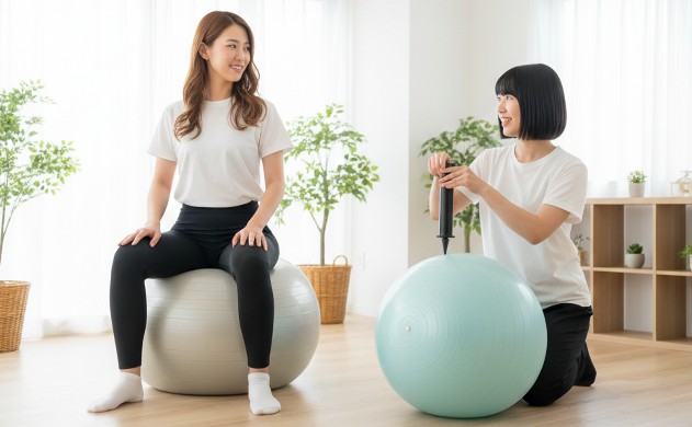 正しい使い方と注意点
→ あいみがボールに座って姿勢を整え、美羽が空気入れで調整している。正しい使い方を実演している様子。