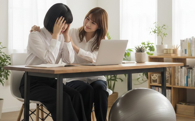 在宅ワーク女子の悩みに寄り添う物語 → あいみが悩んでいる美羽に優しく寄り添っているシーン。バランスボールは横に置かれている。