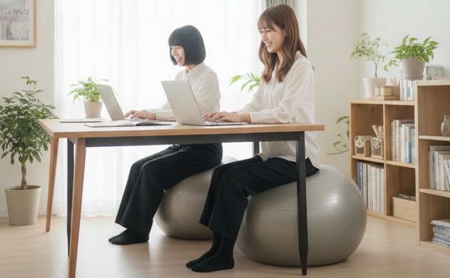まとめ:在宅ワーク女子のためのバランスボール椅子化 → あいみと美羽が並んでバランスボールに座り、笑顔で作業している。背景は明るいリビング。