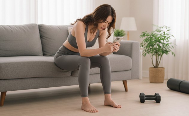 ぽっこりお腹の原因を知ろう → ソファに座り猫背気味のあいみ。横にバランスボールとダンベルが置かれていて、原因を象徴する構図。