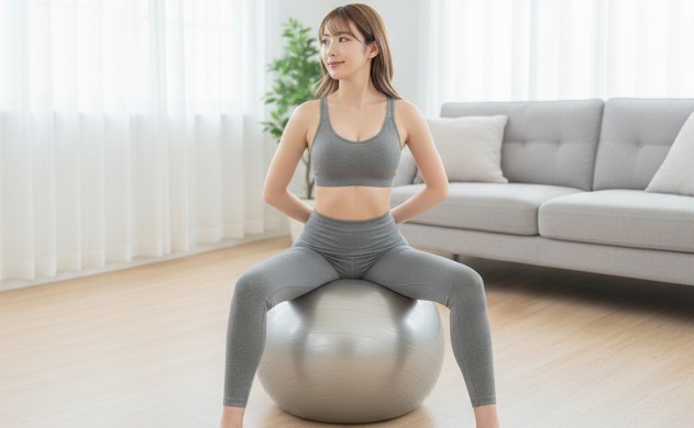 バランスボールで改善できる理由 → 明るい窓辺でバランスボールに座り、姿勢を整えるあいみ。背筋が伸びて爽やかな雰囲気。