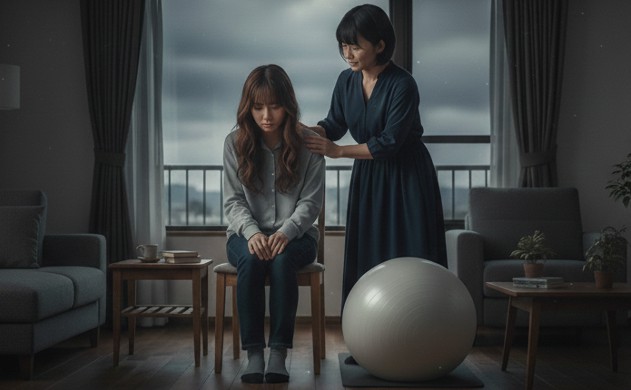 「姿勢が崩れると心まで曇ること、ありませんか?」 →あいみが少し猫背で座っていて、表情が曇っている。美羽がそっと寄り添って背中に手を添えている。背景は曇り空が見える窓辺のリビング。