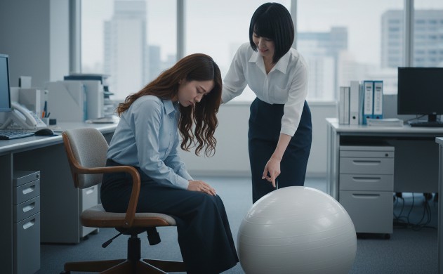 「姿勢が崩れる理由と、椅子では整わない現実をちゃんと知ろう」 →あいみが普通の椅子に座って前屈みになっている。隣にバランスボールが置かれていて、美羽がそれを指差している。背景はオフィス風の部屋。